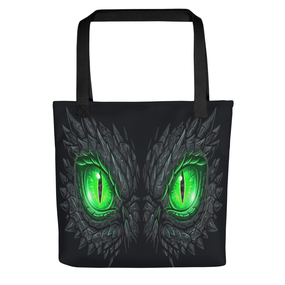 Mythic — Glowing Emerald Dragon Eyes — All-Over Print Canvas Tote Bag