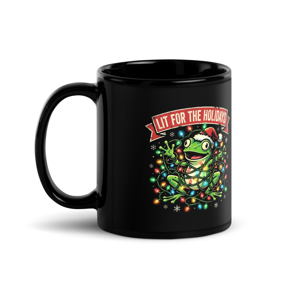Lit for the Holidays Frog — Black Glossy Mug
