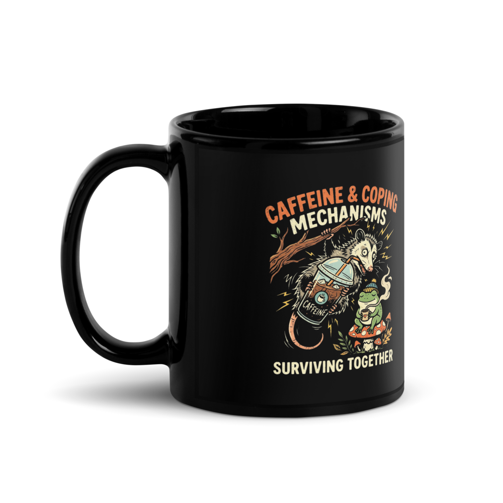 Caffeine & Coping Mechanisms Frog & Possum — Black Glossy Mug
