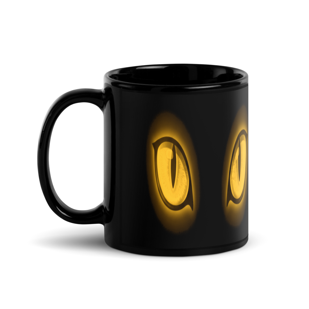 The Void — Glowing Golden Cat Eyes — Black Glossy Mug