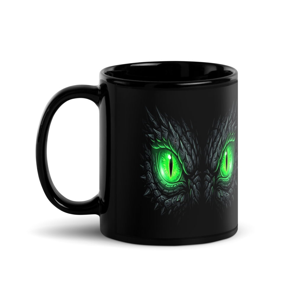 Mythic — Glowing Emerald Dragon Eyes — Black Glossy Mug
