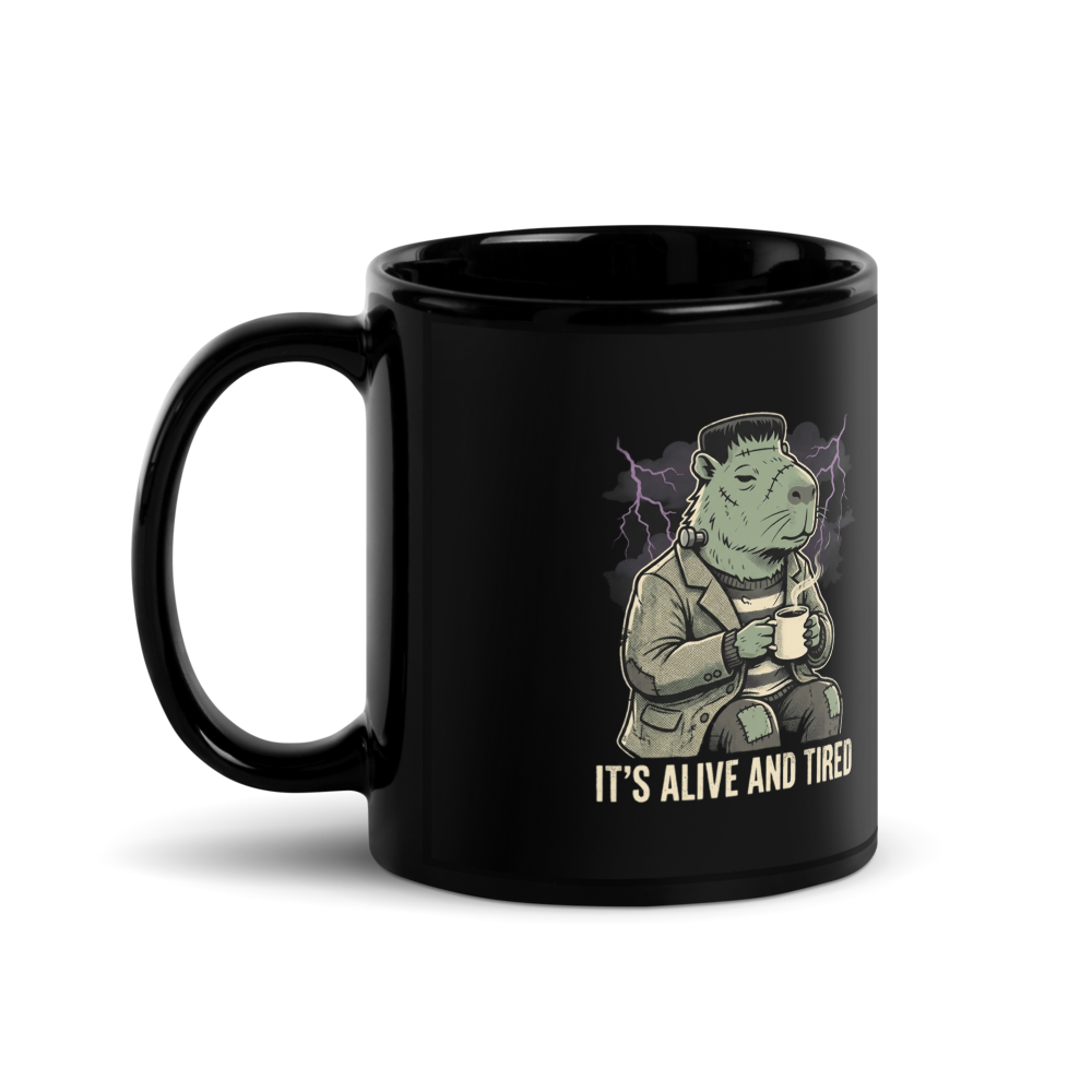 It's Alive But It's Tired Frankenstein Capybara — Black Glossy Mug