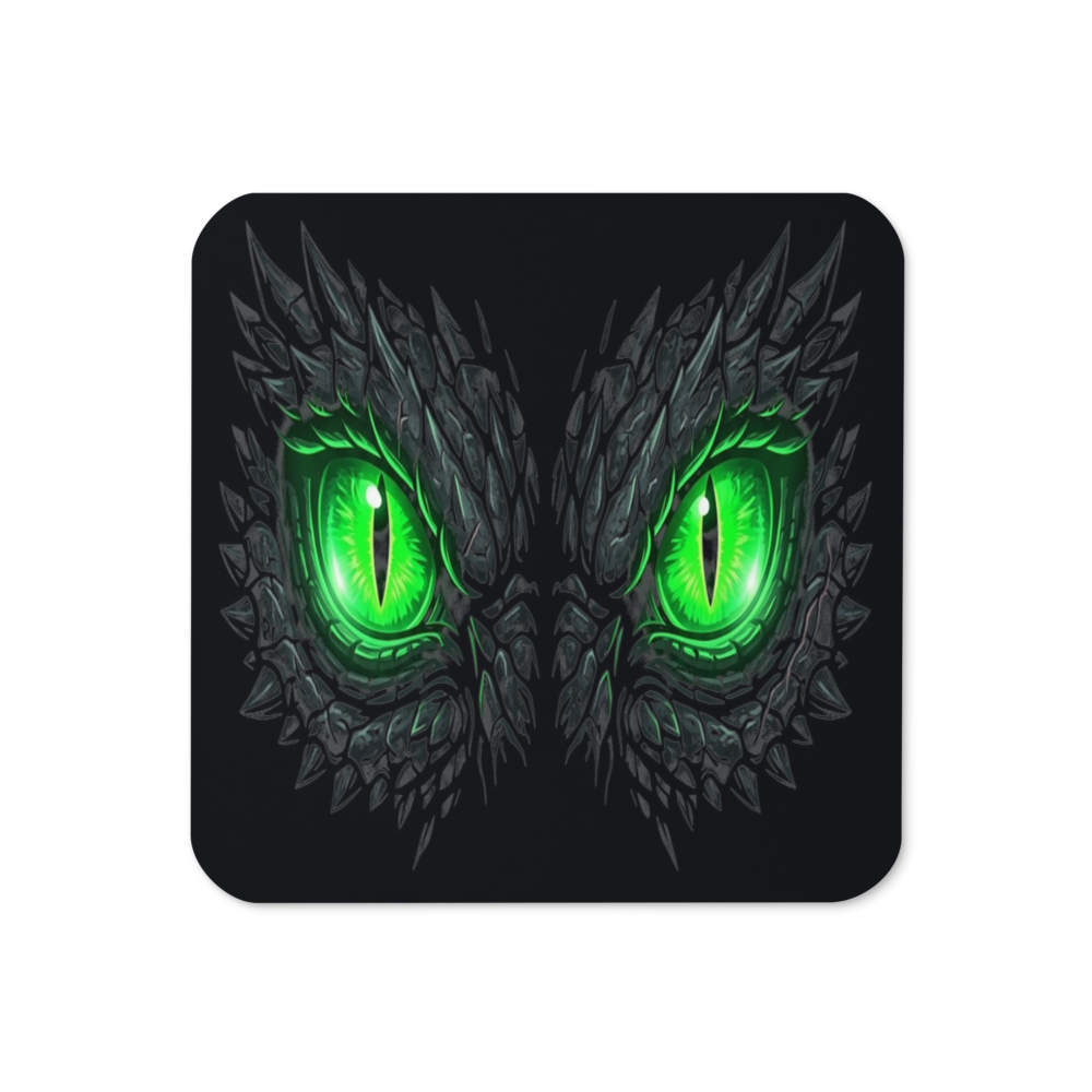 Mythic — Glowing Emerald Dragon Eyes — Cork-Back Coaster