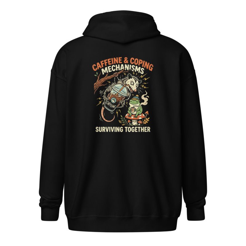 Caffeine & Coping Mechanisms - Frog & Possum Duo Unisex Apparel - Full-Zip Hoodie