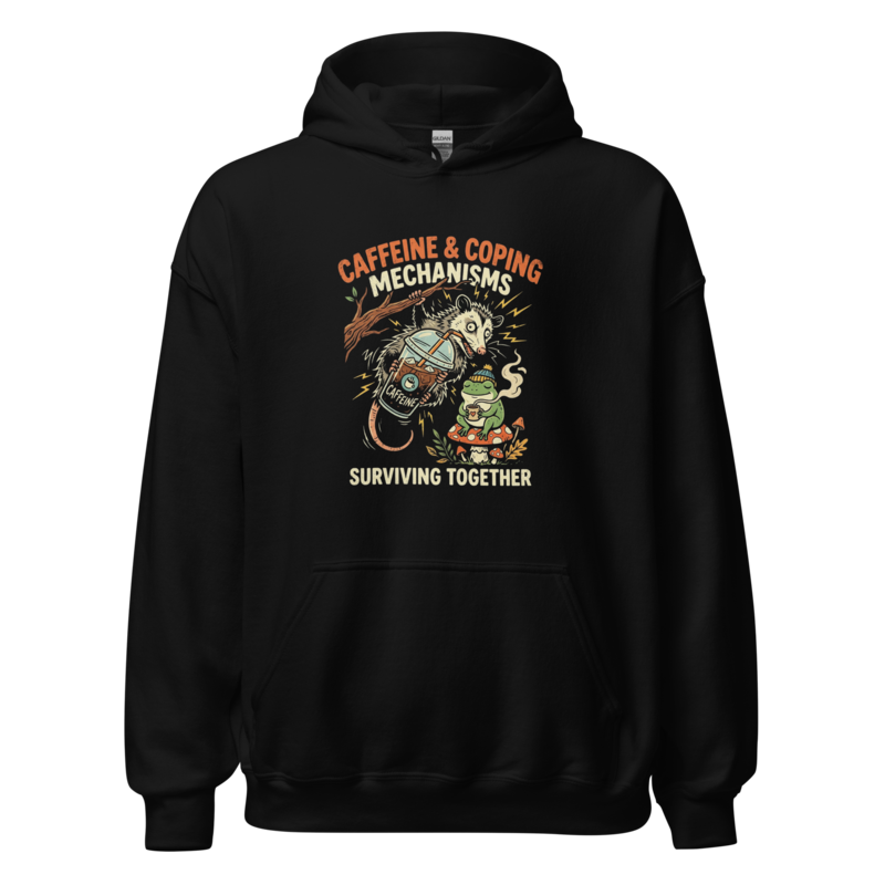 Caffeine & Coping Mechanisms - Frog & Possum Duo Unisex Apparel - Pullover Hoodie