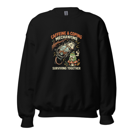 Caffeine & Coping Mechanisms - Frog & Possum Duo Unisex Apparel - Crewneck Sweatshirt