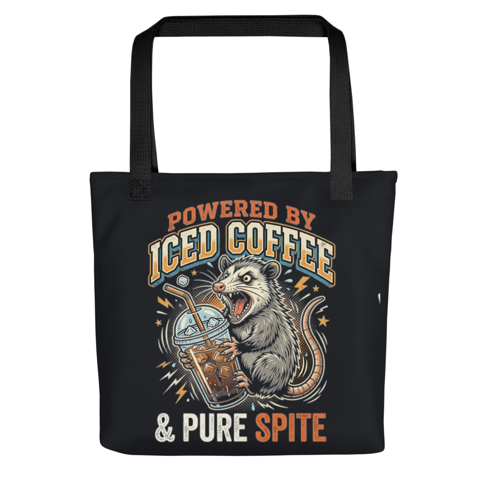 Powered by Iced Coffee & Pure Spite Possum — All-Over Print Canvas Tote Bag