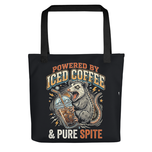 Powered by Iced Coffee & Pure Spite Possum — All-Over Print Canvas Tote Bag