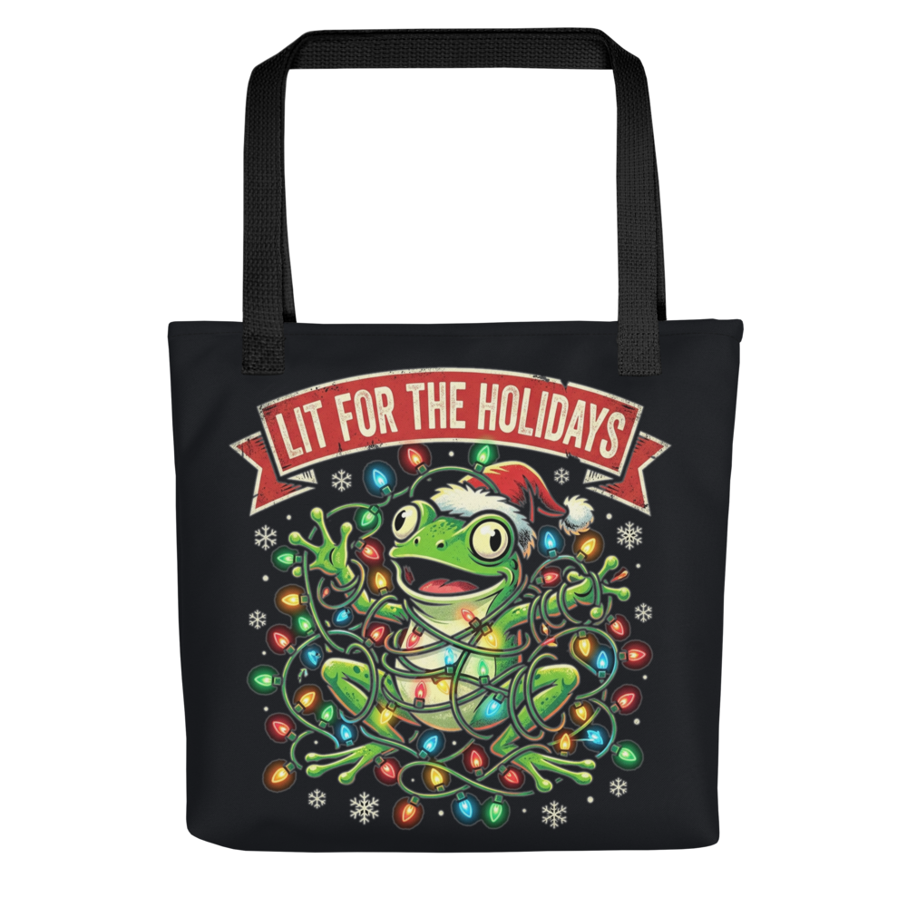 Lit for the Holidays Frog — All-Over Print Canvas Tote Bag