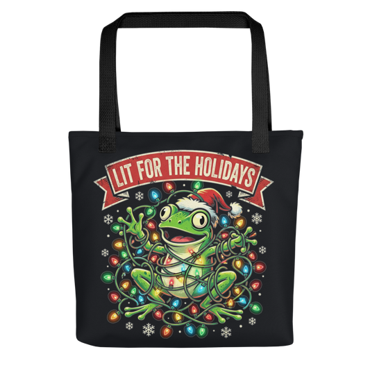 Lit for the Holidays Frog — All-Over Print Canvas Tote Bag