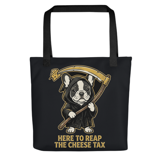 Reaping the Cheese Tax Grim Reaper Frenchie — All-Over Print Canvas Tote Bag