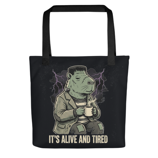 It's Alive But It's Tired Frankenstein Capybara — All-Over Print Canvas Tote Bag