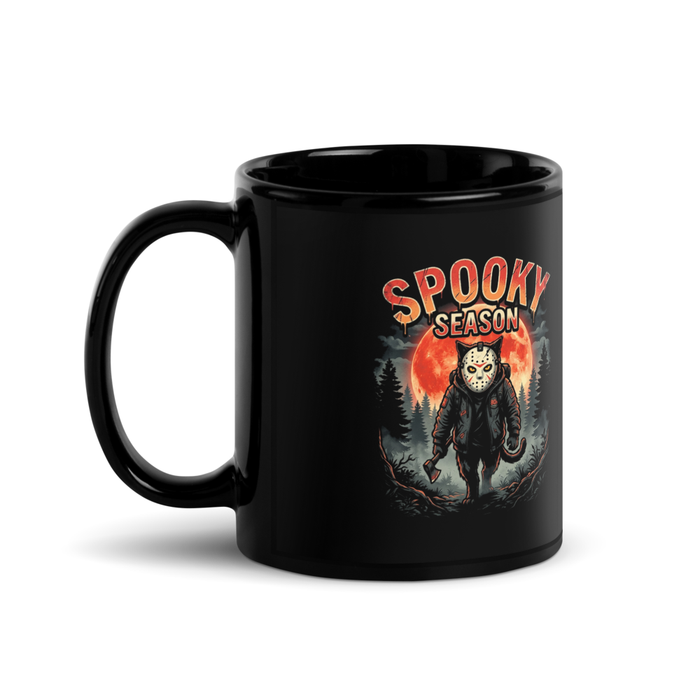 Spooky Season Slasher Cat — Black Glossy Mug
