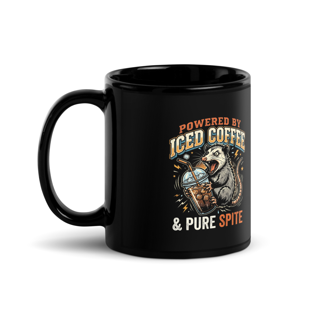 Powered by Iced Coffee & Pure Spite Possum — Black Glossy Mug