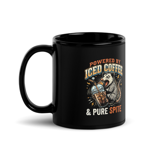 Powered by Iced Coffee & Pure Spite Possum — Black Glossy Mug