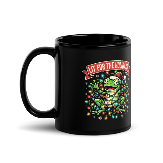 Lit for the Holidays Frog — Black Glossy Mug
