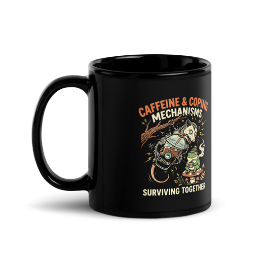 Caffeine & Coping Mechanisms Frog & Possum — Black Glossy Mug