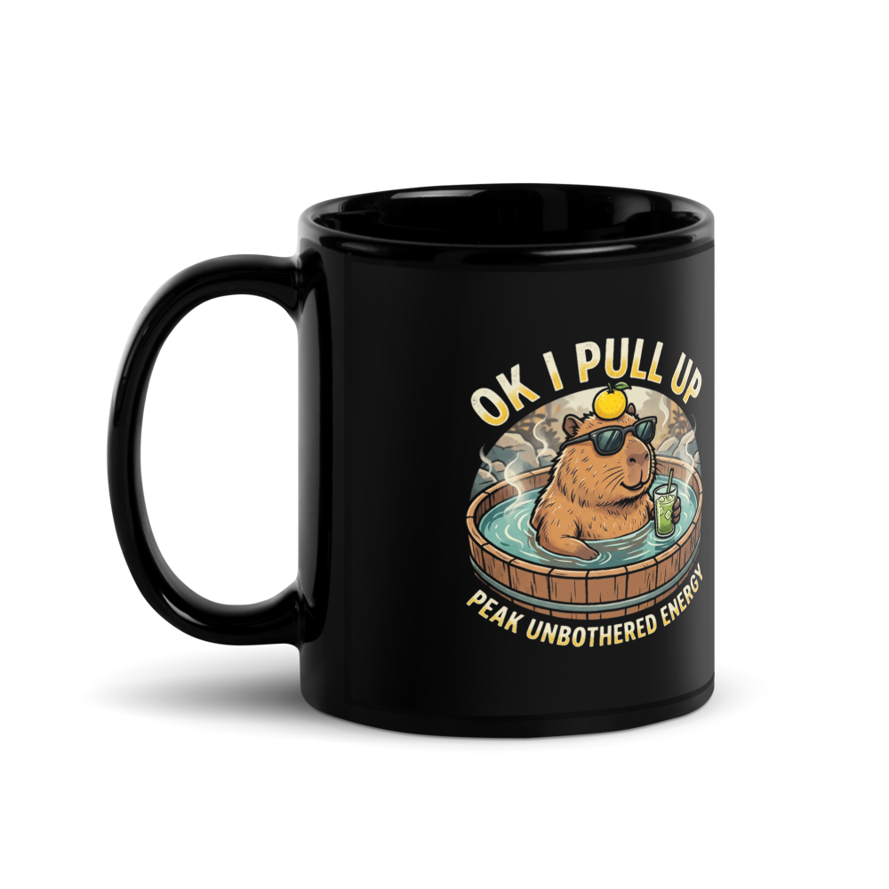 Peak Unbothered Capybara — Black Glossy Mug