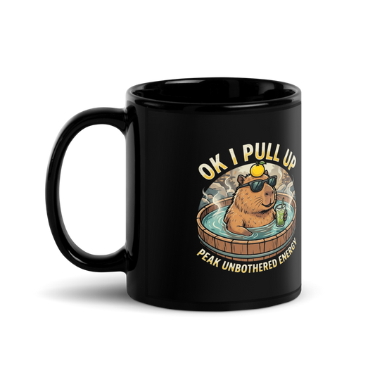 Peak Unbothered Capybara — Black Glossy Mug