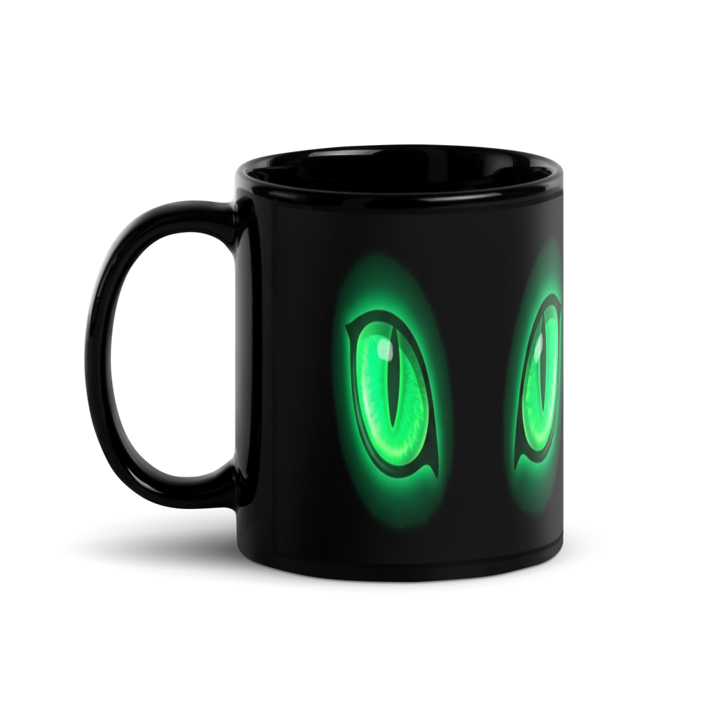 The Void — Glowing Emerald Cat Eyes — Black Glossy Mug