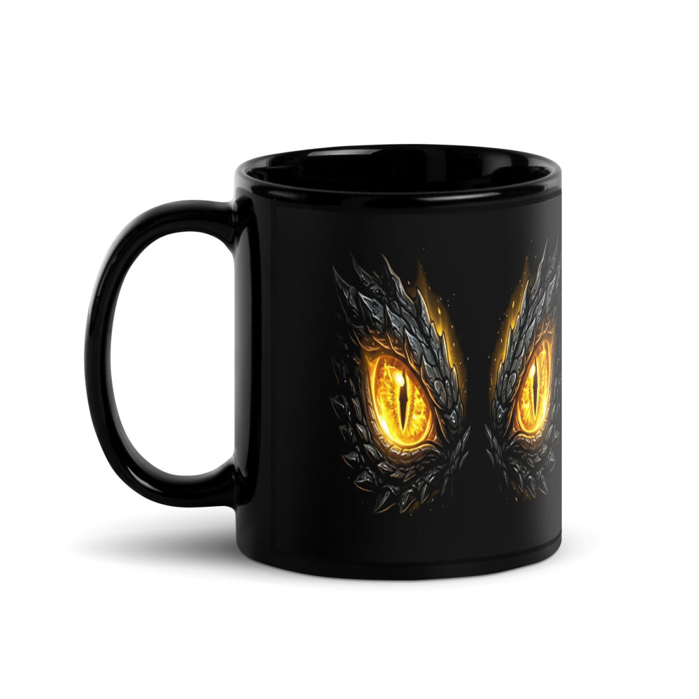 Mythic — Glowing Golden Dragon Eyes — Black Glossy Mug