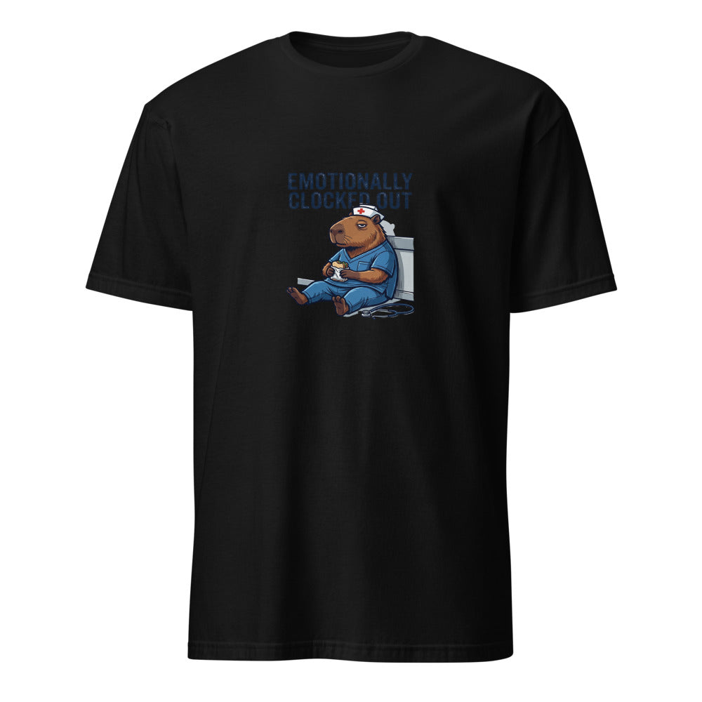 Emotionally Clocked Out - Nurse Capybara - Black T-Shirt