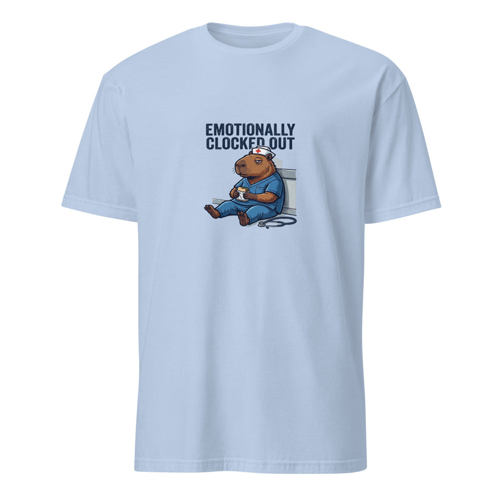 Emotionally Clocked Out - Nurse Capybara - Light Blue T-Shirt