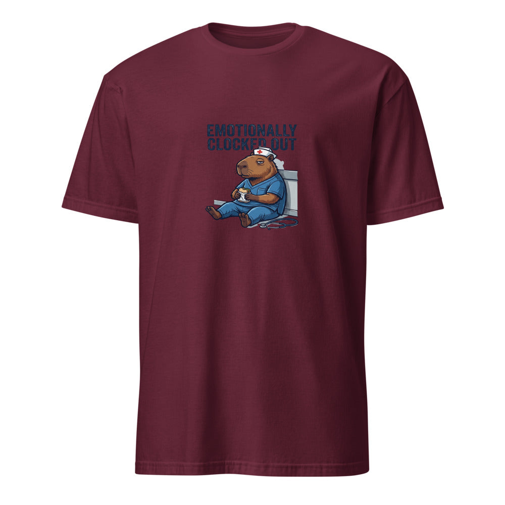Emotionally Clocked Out - Nurse Capybara - Maroon T-Shirt