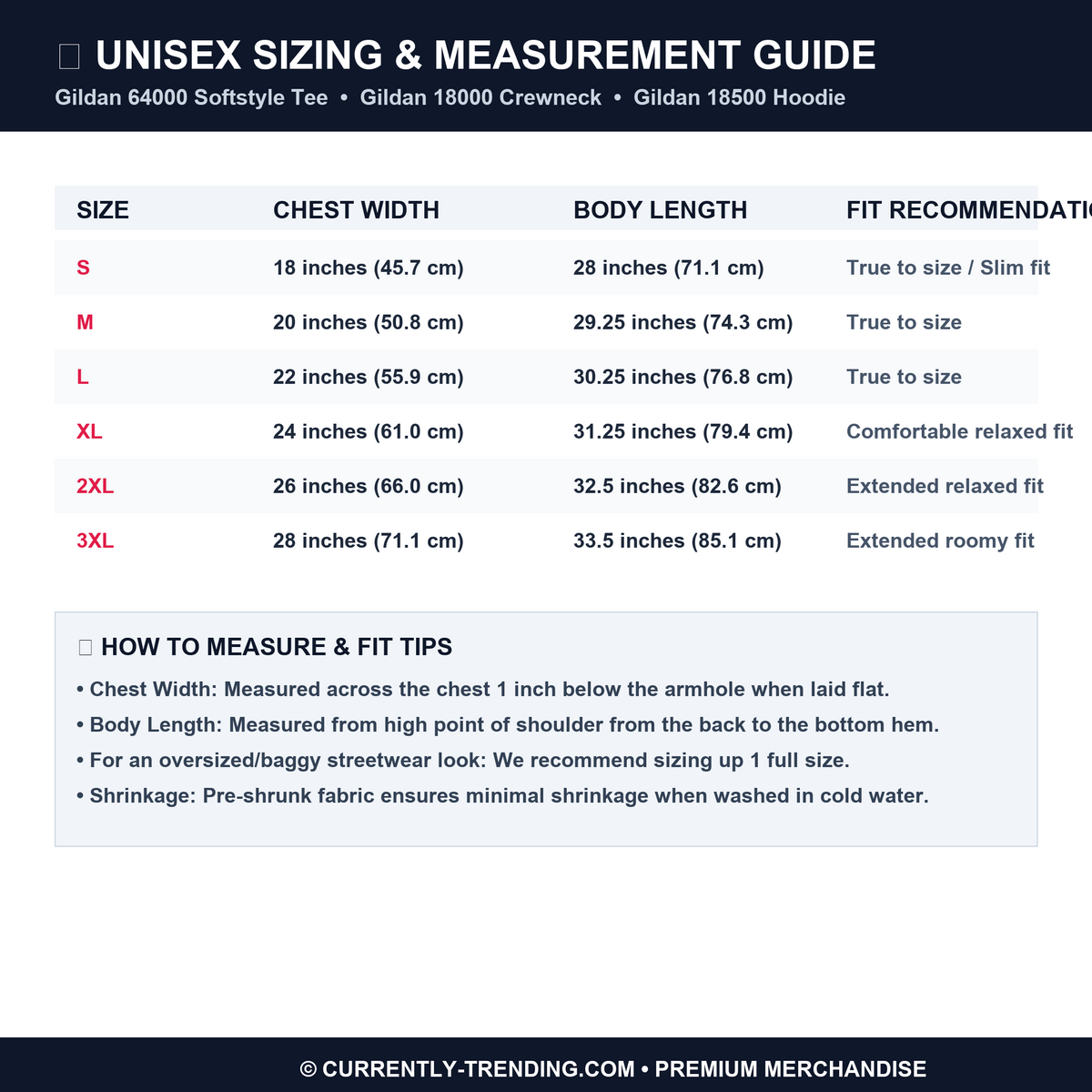 Unisex Apparel Sizing Chart & Measurement Guide